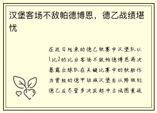 汉堡客场不敌帕德博恩，德乙战绩堪忧