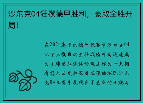 沙尔克04狂揽德甲胜利，豪取全胜开局！