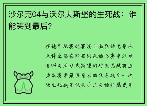 沙尔克04与沃尔夫斯堡的生死战：谁能笑到最后？