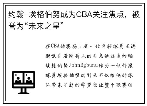 约翰-埃格伯努成为CBA关注焦点，被誉为“未来之星”