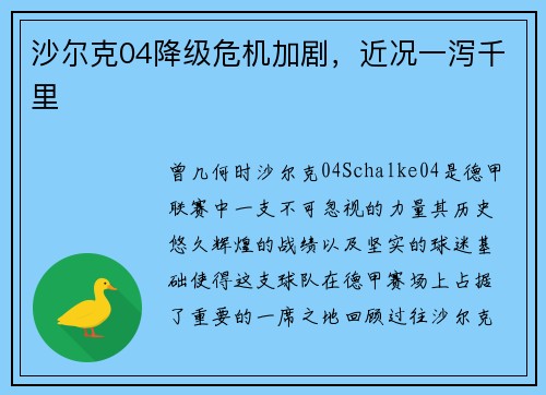 沙尔克04降级危机加剧，近况一泻千里