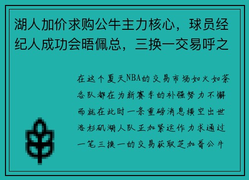 湖人加价求购公牛主力核心，球员经纪人成功会晤佩总，三换一交易呼之欲出