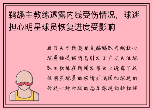 鹈鹕主教练透露内线受伤情况，球迷担心明星球员恢复进度受影响