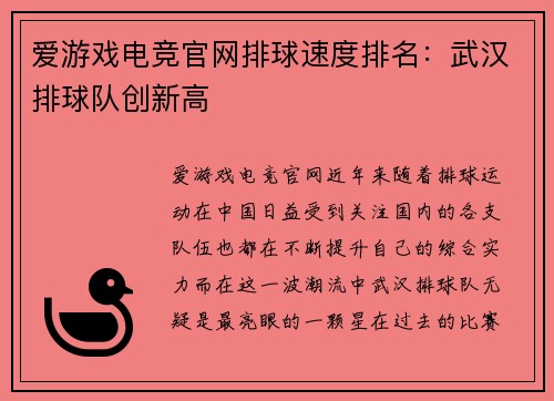 爱游戏电竞官网排球速度排名：武汉排球队创新高