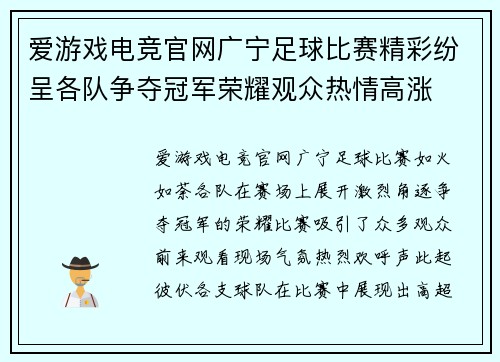爱游戏电竞官网广宁足球比赛精彩纷呈各队争夺冠军荣耀观众热情高涨
