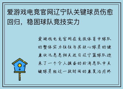 爱游戏电竞官网辽宁队关键球员伤愈回归，稳固球队竞技实力