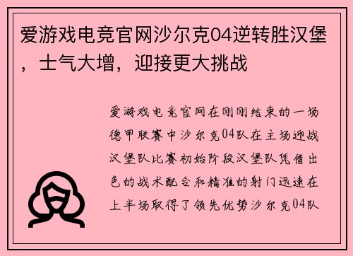爱游戏电竞官网沙尔克04逆转胜汉堡，士气大增，迎接更大挑战